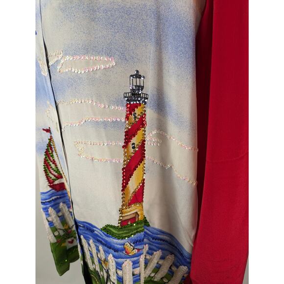 Quacker Factory Womens L Blouse Silk Landscape Nautical Long Sleeve Button Up - Picture 6 of 14